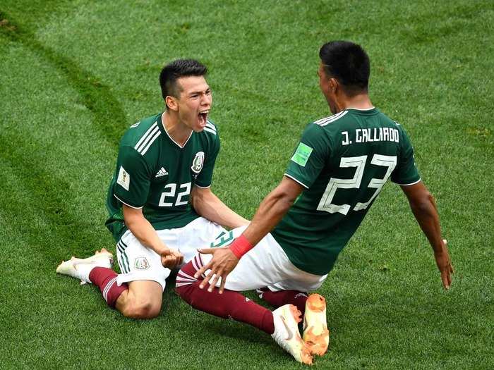 Hirving Lozano of Mexico celebrates a goal against Germany.