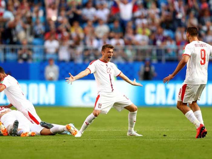 Serbia celebrates their first goal of the World Cup.