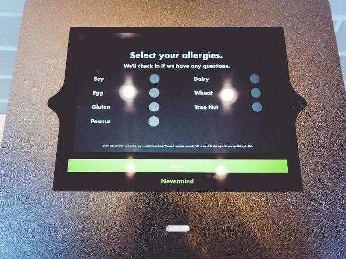 In the top corner were two buttons for more information. Tapping on the "allergens" button allows you to select which foods you need your meal to be prepared without.