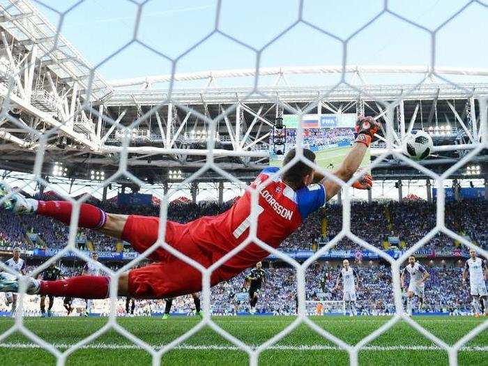 Iceland goalkeeper Hannes Thor Halldorsson stops a penalty kick from Lionel Messi to save a draw against Argentina.