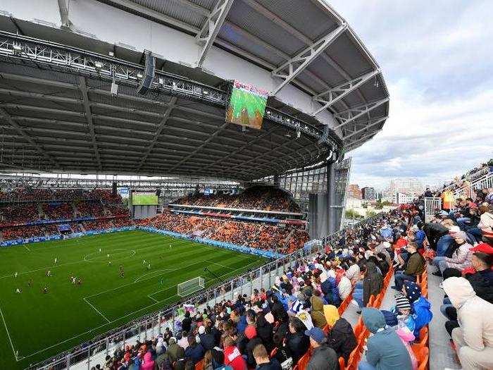 Fans watch from the temporary stands built to extend Yekaterinburg Arena as Uruguay and Egypt play.