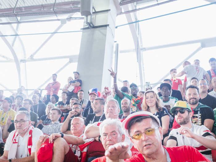 We were connecting with the Senegal fans a few rows back, but the Poles were not having any of it. This guy in front kept telling me to sit down. Meanwhile, there were four Poland fans standing next to me that he wasn