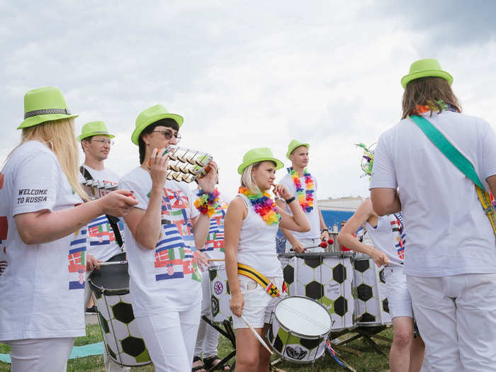 The area outside the stadium was like a giant party. This group of musicians was playing to a large crowd.