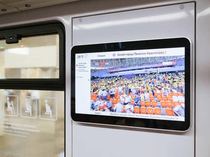 The trains to the Spartak Stadium, where the Poland versus Senegal game was to be played, had TV screens in each car broadcasting the current game.