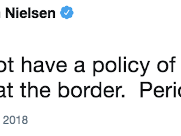 The Homeland Security chief on June 17 tweeted: "We do not have a policy of separating families at the border. Period." This tweet was promptly criticized as many felt she was denying the "zero tolerance" policy was leading to the unprecedented rate of family separations at the border.