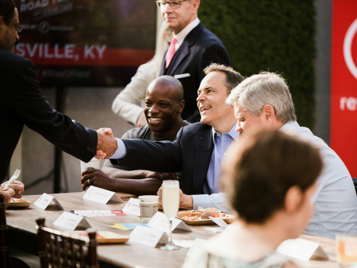 Kentucky Governor Matt Bevin, center, sat next to Case and mingled with Louisville entrepreneurs. Bevin, Mayor Greg Fischer, and Sen. Rand Paul all gave speeches.