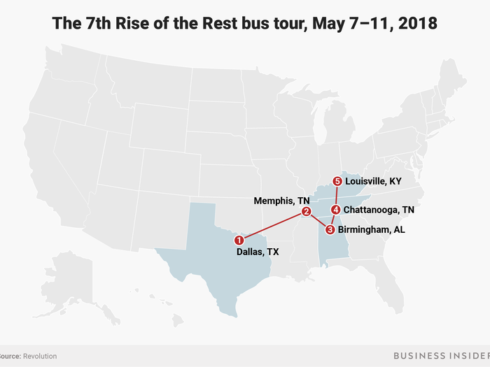 This was the seventh bus tour, roughly focused on the southeast. The bus went from Dallas, Texas, to Louisville, Kentucky.