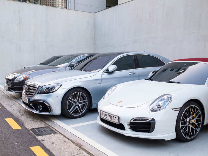 Seriously, every parking spot is filled with luxury cars. Even on dingy streets.