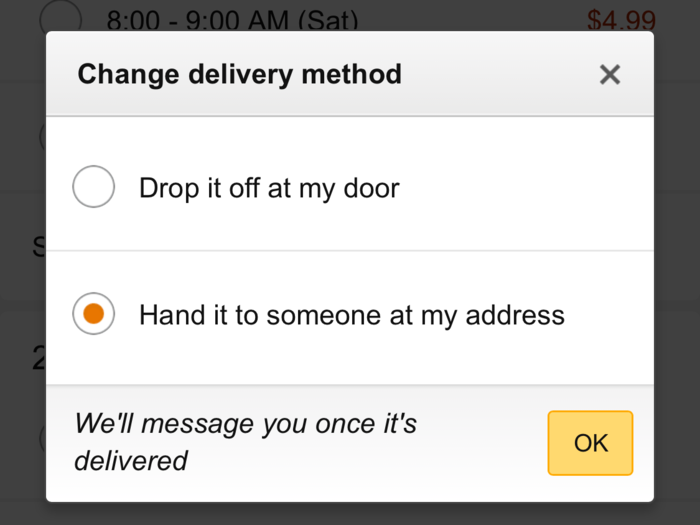 After selecting a time slot, I was given another choice: did I want the courier to drop off the groceries or hand them to someone?