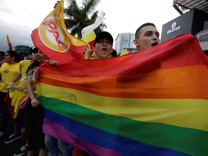 In April, a group of people at the parade in San Jose, Costa Rica, showed support for Carlos Alvarado Quesada, who was campaigning for the country