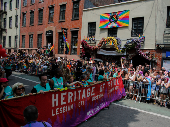 The parade route goes right past Stonewall Inn, site of the riots, to honor the bar