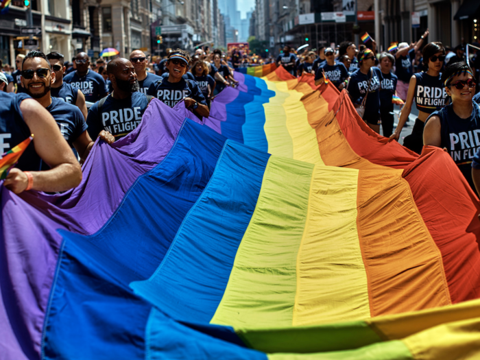 The rainbow pride flag was ubiquitous at the parade.