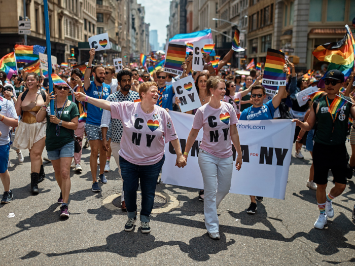 Cynthia Nixon, a Democratic nominee for governor of New York, held hands with her wife Christine Marinoni during the march.