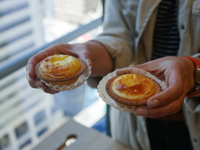 The fluffy filling sits in a crust that the shop bakes twice: once before adding the mousse and once after, resulting in a nice golden brown coating on some of the pastries.