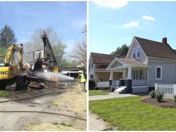 Over the past five years, the team has completed more than 200 renovations. The first home, pictured below, sold for $52,000 in 2013.