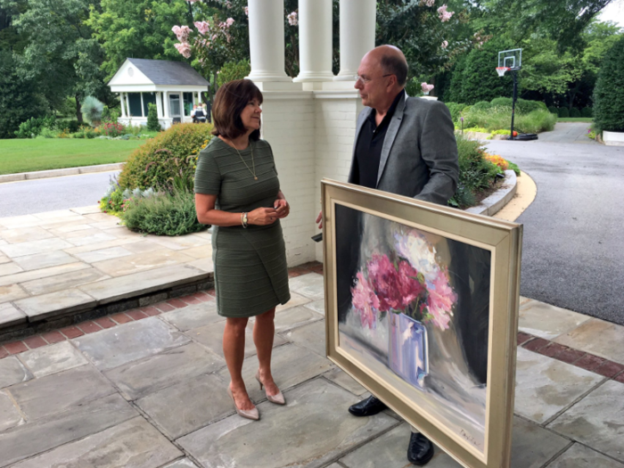 Second Lady Karen Pence, a former art teacher, often paints at the living room table. Two of her paintings are on display at the house.