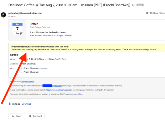 Google Calendar will also decline incoming meetings requests for those days with an email that includes your tailor-made message. Here