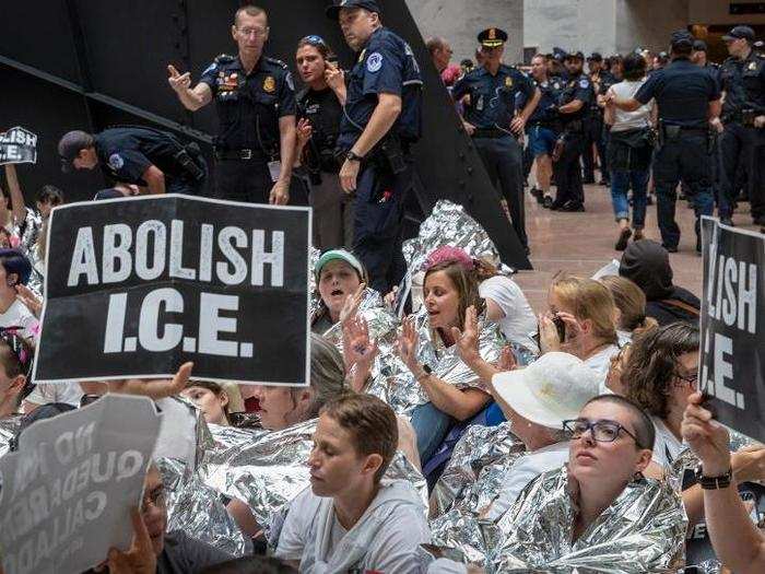 Protesters engaged in a sit-in at the Hart building atrium, during which they chanted refrains like "We care" and "This is what democracy looks like"