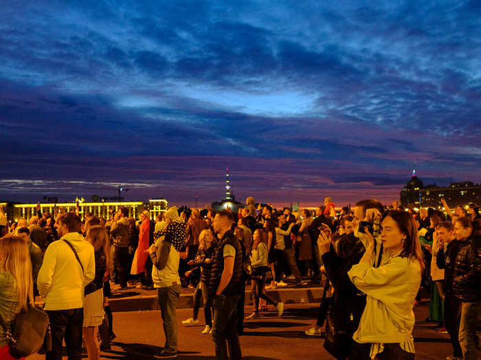 Scarlet Sails is the biggest night of the year in St. Petersburg. Everyone comes out to the banks of the Neva River to watch a grand display of fireworks, a water show, music, and the sailing of a replica 1700s-era boat with red sails. Just after 1 a.m., it became clear why it is called “White Nights.”