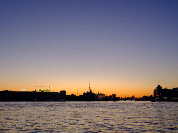 By 11:30 p.m., the sun was disappearing behind the horizon with a few last gasps of light. St. Petersburgians take advantage of the long nights. At least a dozen fishermen were casting their lines into the Neva River as the sun set.