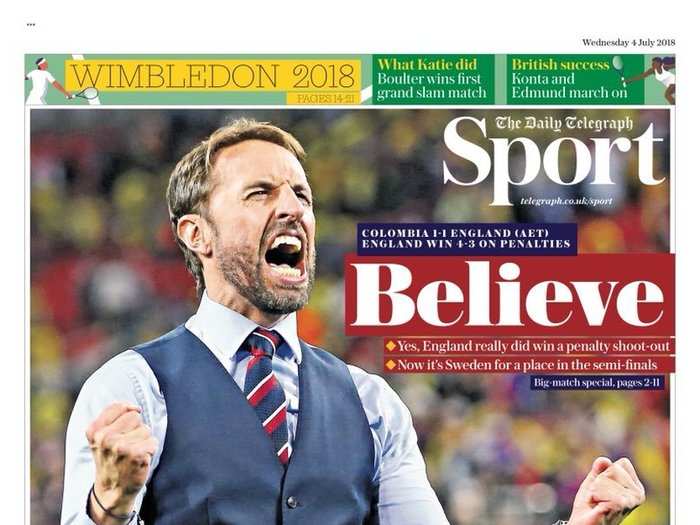  Its back, meanwhile, led with a picture of Gareth Southgate in ecstasy. 