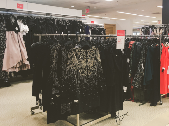 The formal dresses at Nordstrom were elegantly displayed on mannequins, but the dresses at Bloomingdale