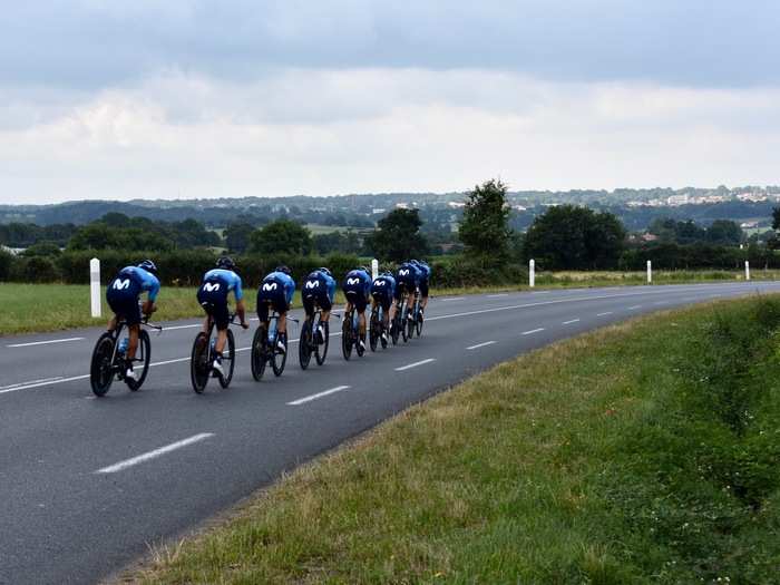 While were were parked roadside, the Spanish Movistar team went flying by ... they were really moving ... all for their leader, Nairo Quintana.