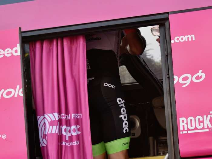 We waited for the riders to get ready. The bus is their sanctuary and, outside the hotel, their only real place of privacy during the very public and hectic three-week race ... the bus is off-limits to basically everyone save the riders and directors.