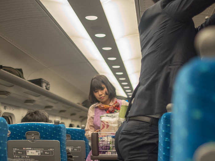 Food on the Shinkansen is even more sparse. Just a cart with some drinks, snacks, and instant noodles. Most passengers stop to pick up a bento box at the station before boarding.