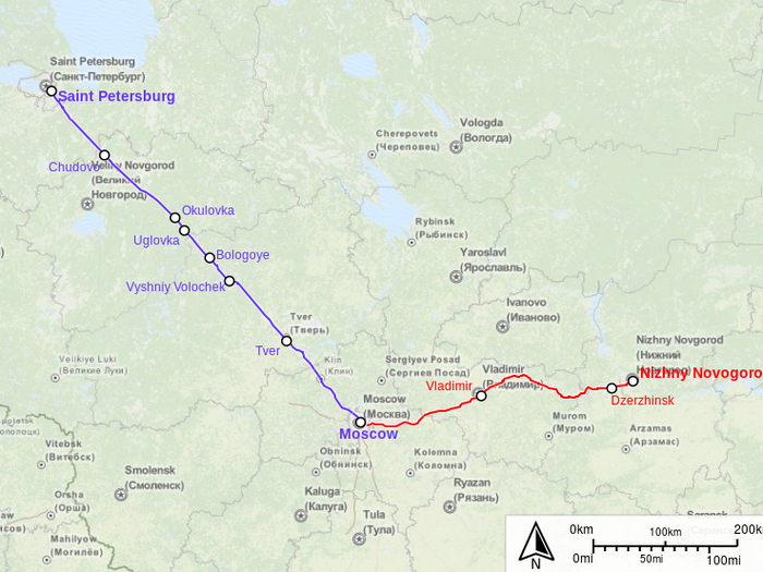 High-speed rail in Russia is limited to one line (or two, depending on how you count). The route goes from Saint Petersburg-Moscow-Nizhny Novgorod and takes a little over eight hours, about the distance from New York to Chicago. Driving would take about 14.5 hours.