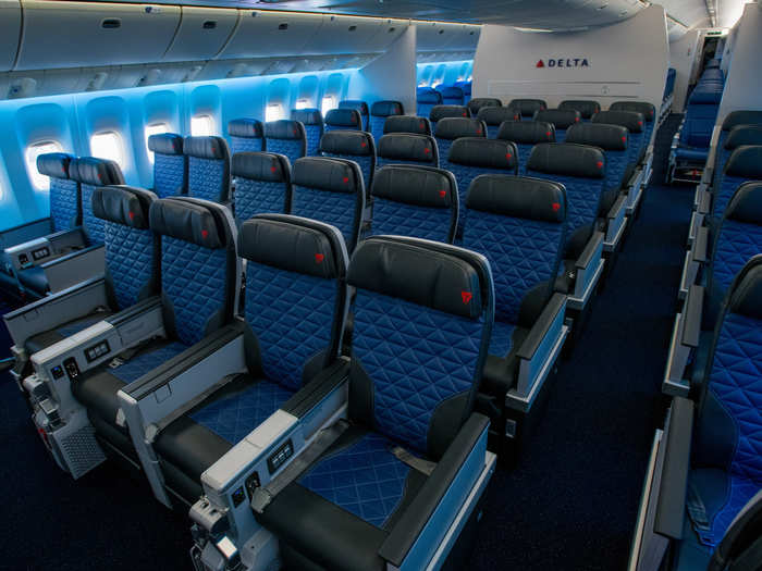 Premium Select (premium economy) features 48 seats with increased leg room and adjustable head and footrests.