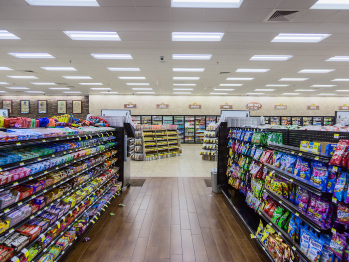 The snack aisles carry the classic road-trip rations, like trail mix, dried fruit, and candy — but on a scale unseen anywhere else in the country, Wawa included.