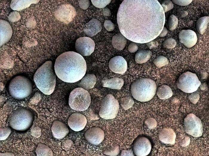 Some of the first things Opportunity spotted on Mars were these small, round balls that NASA nicknamed "blueberries."