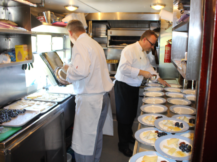 Food for the guests is prepared out of tiny galley kitchens. Four or five times a year, Belmond invites celebrity chefs to cook for the guests. The chefs include Raymond Blanc and Michel Roux Jr — both of whom have two Michelin stars.