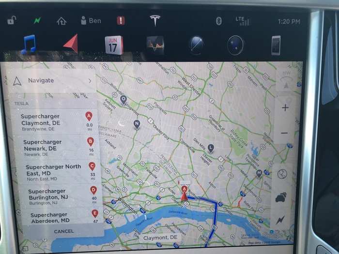 The location and availability of the Superchargers are also clearly shown on the car