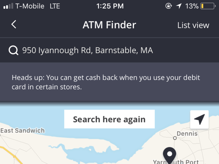 There are no branches, but the app does map local ATMs.