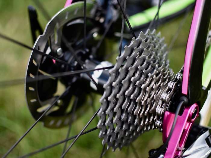 The big Shimano cassette allows for a wide range of gear combinations, and the hydraulic disc brakes provide Phinney with a lot of stopping power.