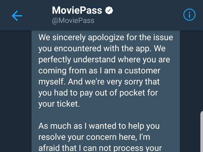 If I had to send a message on the app, why was I taking part in this conversation on Twitter? Why ask for my email and phone operating system if they were just going to tell me to go to the app? I expressed my displeasure, and MoviePass responded with this: