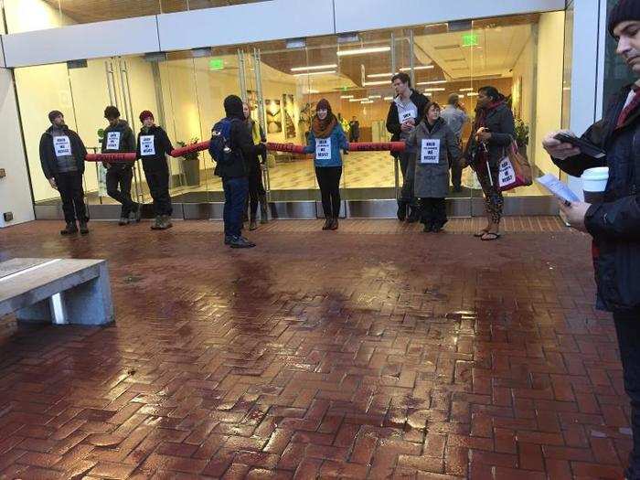 Unlike a 2017 Uber protest in which activists chained themselves to the door, the Salesforce protesters did not try to stop employees from going to work.