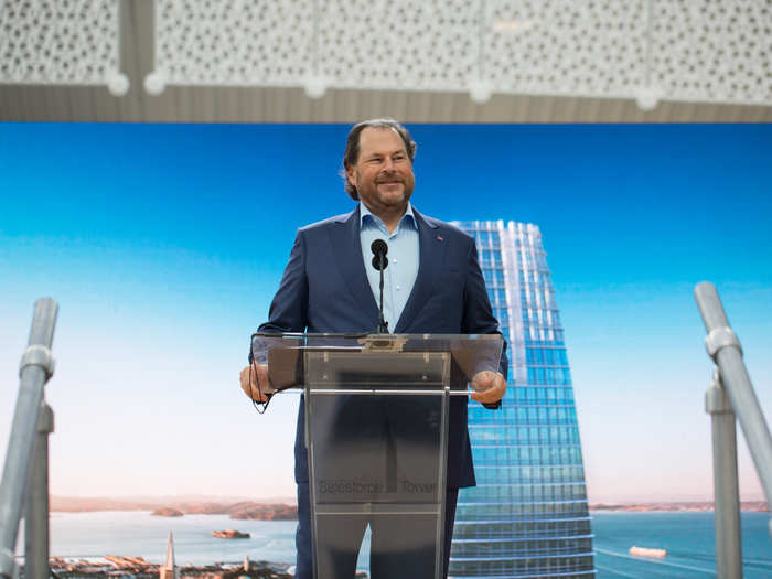 The protest took place outside Salesforce Tower, the gleaming $1 billion skyscraper that opened in May and now serves as the tech company