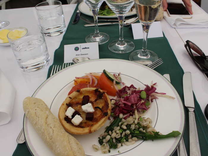 There was also a buffet-style main, with ham hock and other meat on the menu, but I kept it strictly vegetarian and ordered a feta and beetroot pie, tomato salad, and a pearl barley salad. The Champagne was topped up fairly regularly.