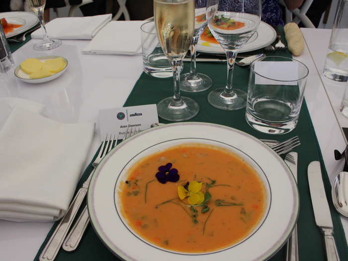 … but there were also vegetarian options, like this gazpacho which had white beans and celery. There were also edible flowers.