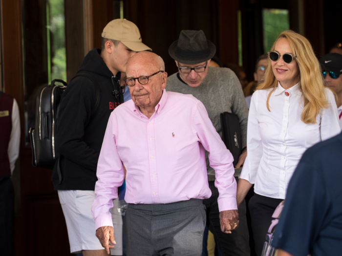 Rupert Murdoch, chairman of News Corp and co-chairman of 21st Century Fox, arrives with actress and model Jerry Hall.