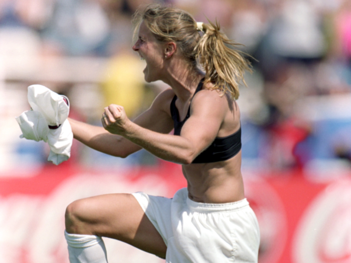 Brandi Chastain was a U.S.W.N.T. veteran, a member of the 1991 World Cup team, and a defender who hit the winning penalty kick. Her subsequent celebration has become one of the defining images of women