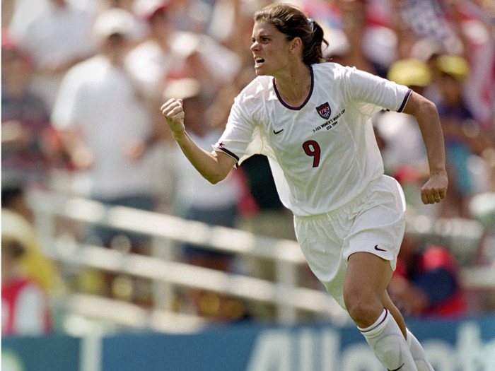 The talisman of the U.S.W.N.T., Hamm was a forward who had already been a member of the 1991 and 1996 teams and scored over a hundred international goals. She made the fourth penalty kick.