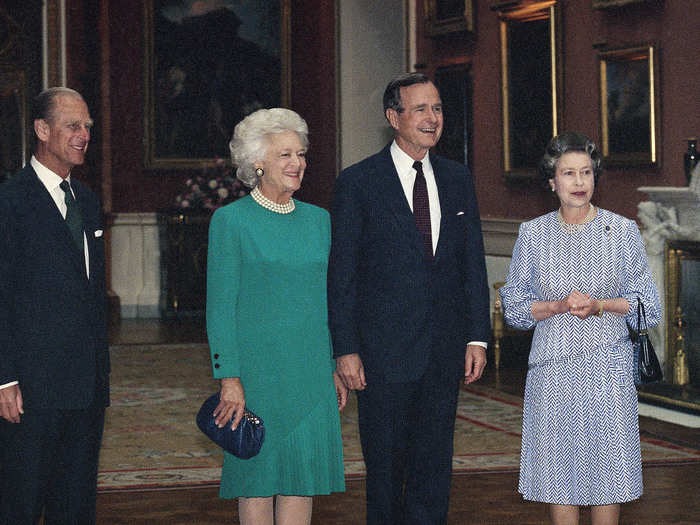 In 1989, the Queen hosted a lunch for President George H.W. Bush and first lady Barbara Bush at Buckingham Palace.