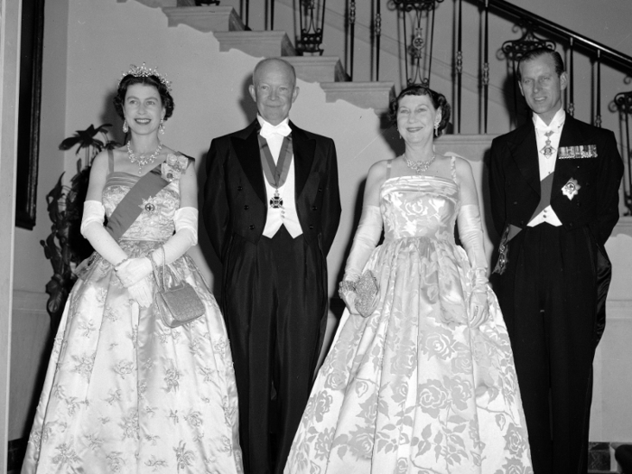 In October 1957, the Queen and Prince Philip attended a state dinner with President Dwight D. Eisenhower and first lady Mamie Eisenhower at the White House.