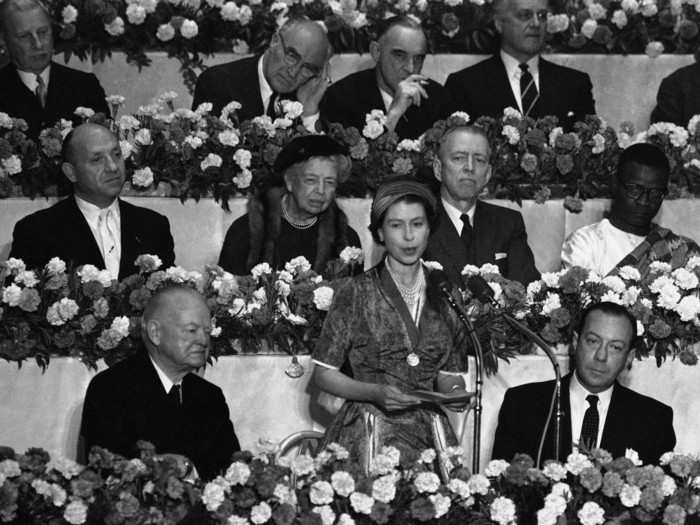 Nearly 20 years after he left office, former President Herbert Hoover met Queen Elizabeth at a luncheon at the Waldorf Astoria Hotel in New York in 1957. Former first lady Eleanor Roosevelt was also present, seated behind the Queen.