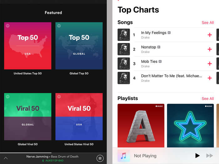 Both apps have top charts, but Spotify