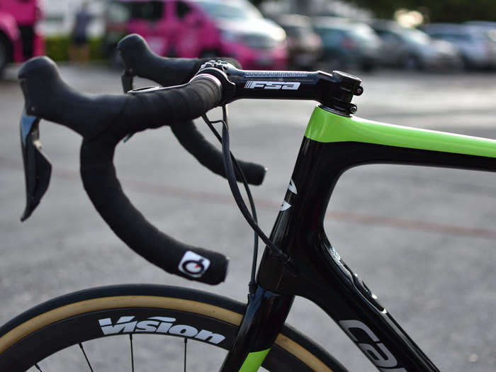 Phinney rides 150 mm stem, among the longest in the race. They help him stretch out into a more aero position.